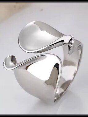 New Wide 925 Silver Sculptural Abstract Open Band Adjustable Ring